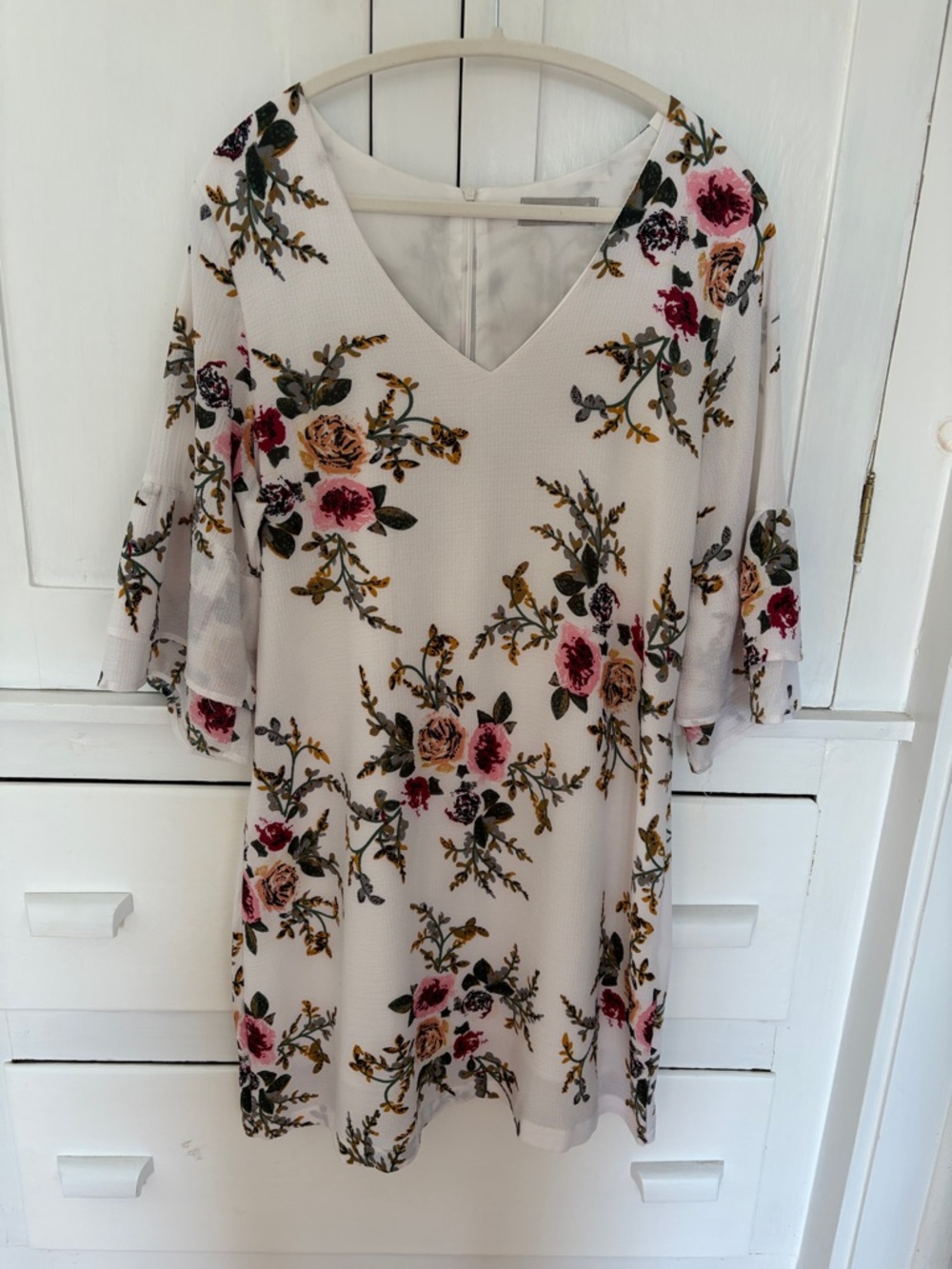 Floral V-Neck Tunic Dress in Cream with Pink Rose Print